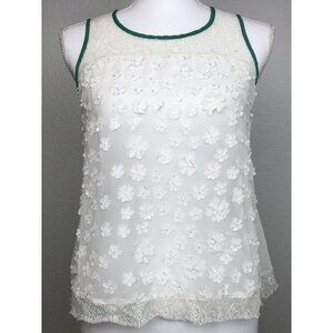 RYU Womens SMALL Sheer White TANK TOP Green Trim Flower Appliques Lace BOUTIQUE